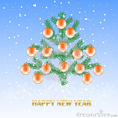 Christmas tree, red ball, snowflax, New Year on blue congratulation card for web, for print art design elements stock Vector Illustration